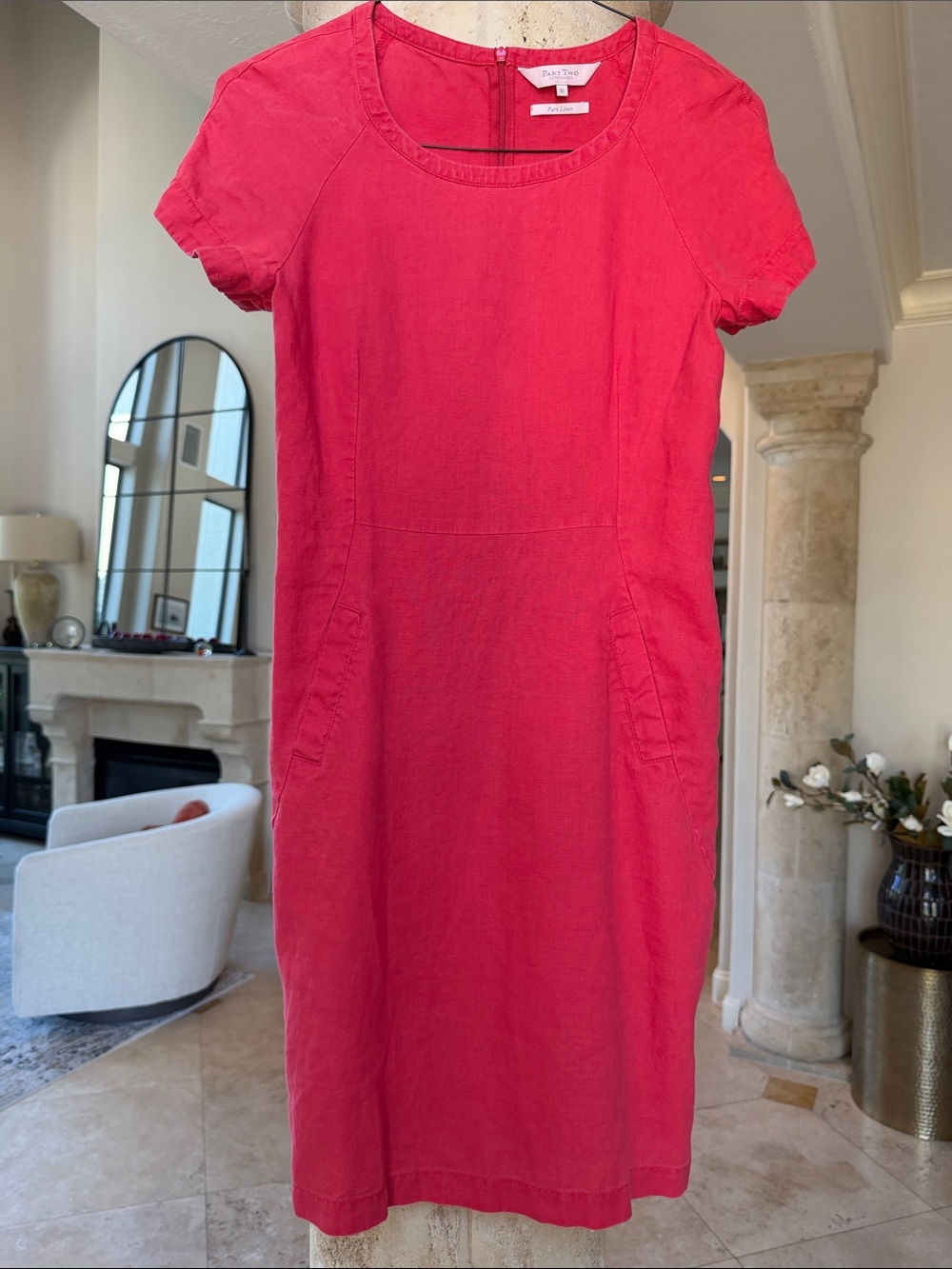 Bright Pink Short-Sleeve 100% Linen Midi Shift Dress Sz EU 36